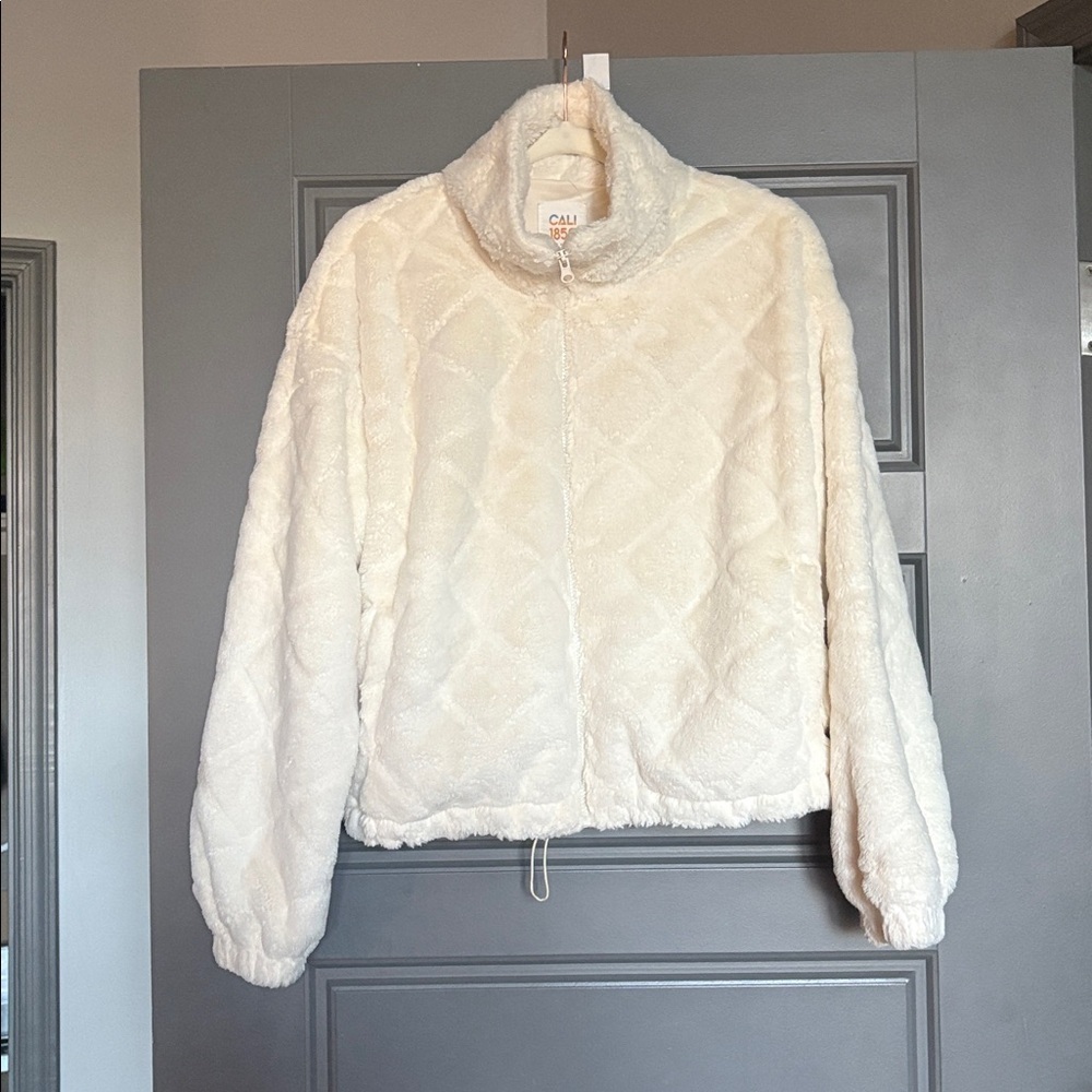 Cream color Teddy Jacket with Plush Texture cropped fit with zipper